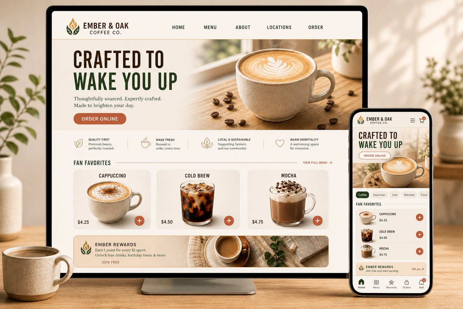 Ember and Oak coffee shop site concept with online ordering