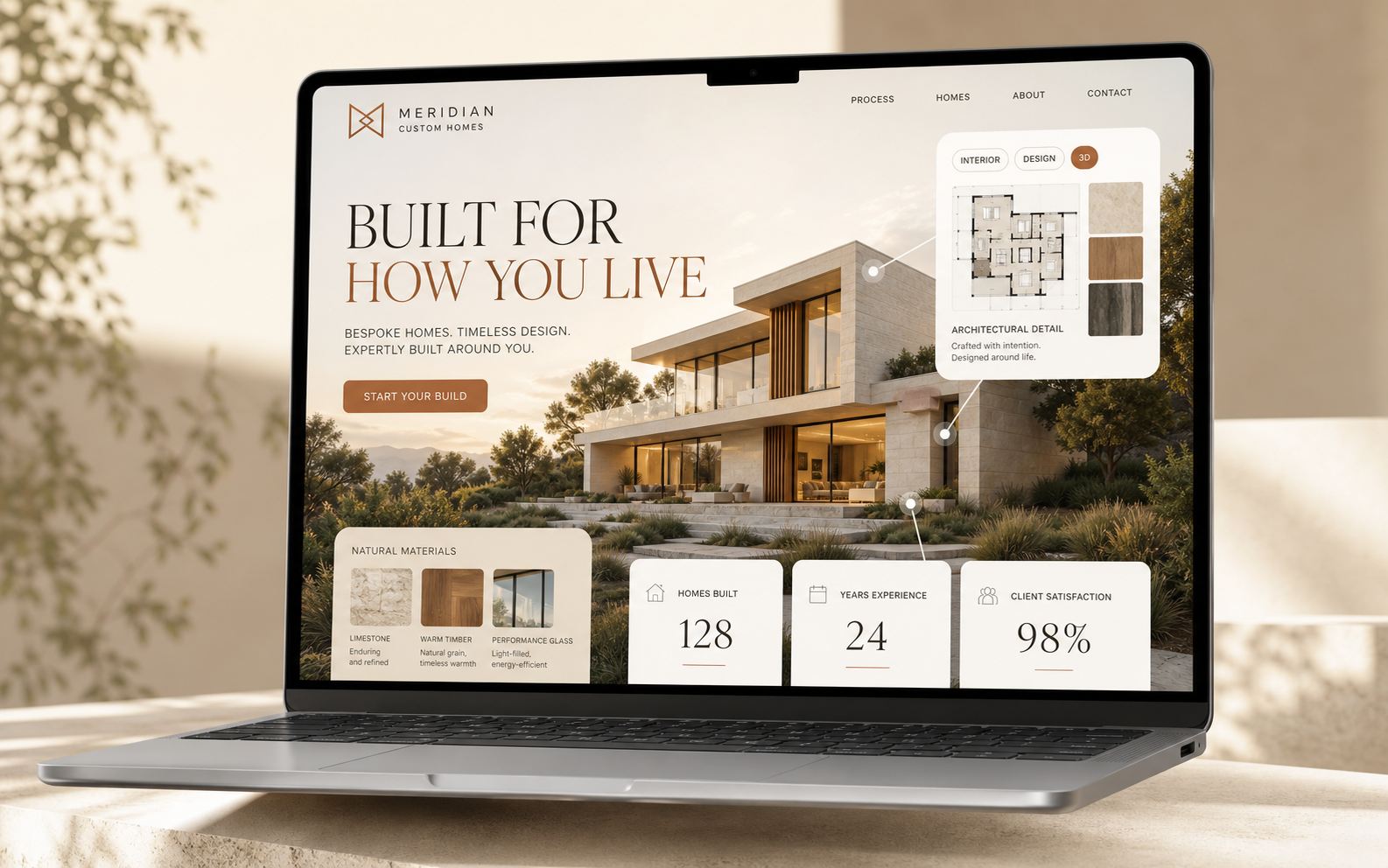 Meridian Custom Homes site concept with architectural detail cards